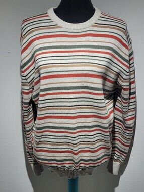 Springfield 100% Cotton Striped Crewneck Sweater Large Cream Red Green Unisex